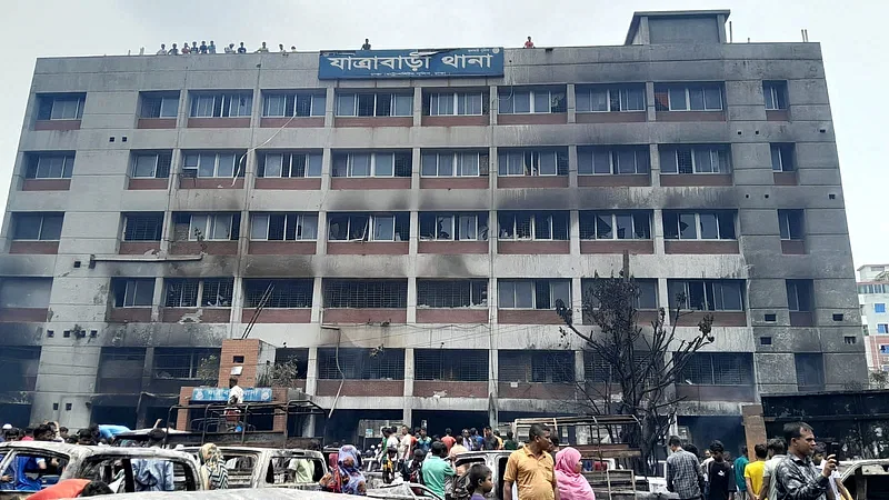 Agitated people set fire to the Jatrabari police station during the student-people mass uprising